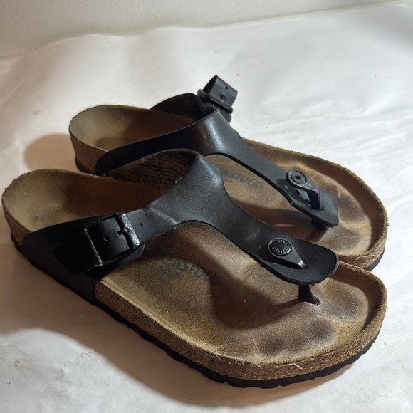 Used Birkenstock Black Leather flip flop Sandals women’s 41 standard - Picture 1 of 7
